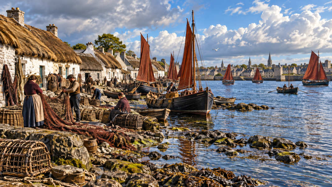 The Old Claddagh: Galway’s Lost Fishing Village by the Sea Artistic reconstruction of the old Claddagh fishing village beside Galway Bay
