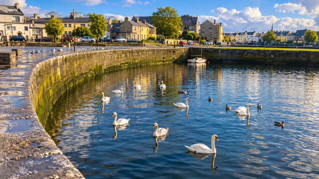 The Claddagh Waterfront: A Quieter Side of Galway City Claddagh waterfront in Galway with swans beside the curved stone quay