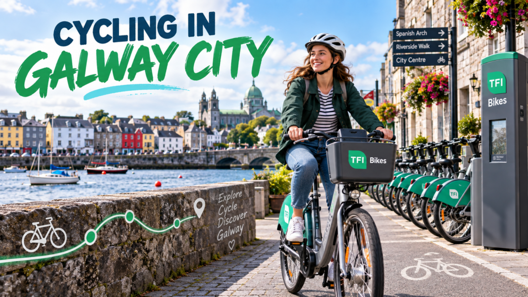 Cycling in Galway City and How to Use TFI Bikes Visitor cycling a public share bike beside Galway waterfront