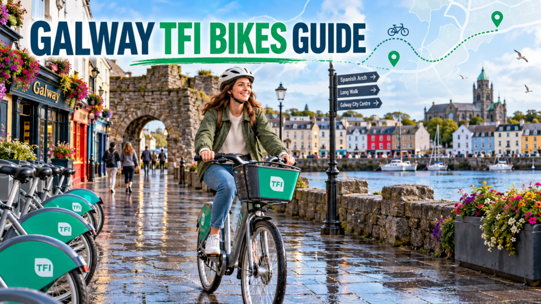 Galway TFI Bikes: Visitor Guide to Cycling the City Visitor cycling a TFI bike through Galway City