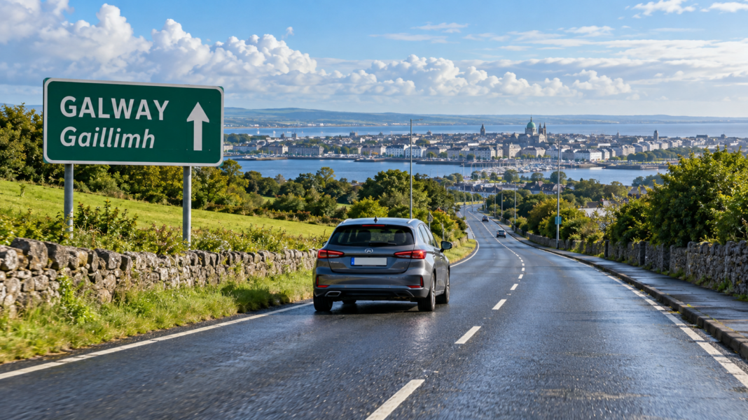 Car driving towards Galway on an Irish road beside a Galway and Gaillimh sign