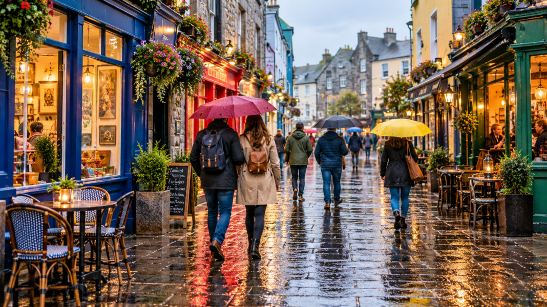 A Rainy Day in Galway: Indoor Itinerary Colourful Galway street after rain with bright umbrellas and warm café lights