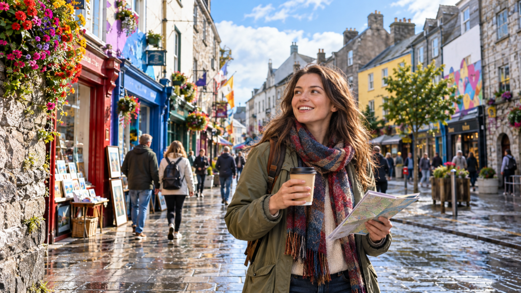 Galway on a Budget: A Low-Cost One-Day Itinerary Budget traveller exploring colourful Galway city streets with coffee and a map