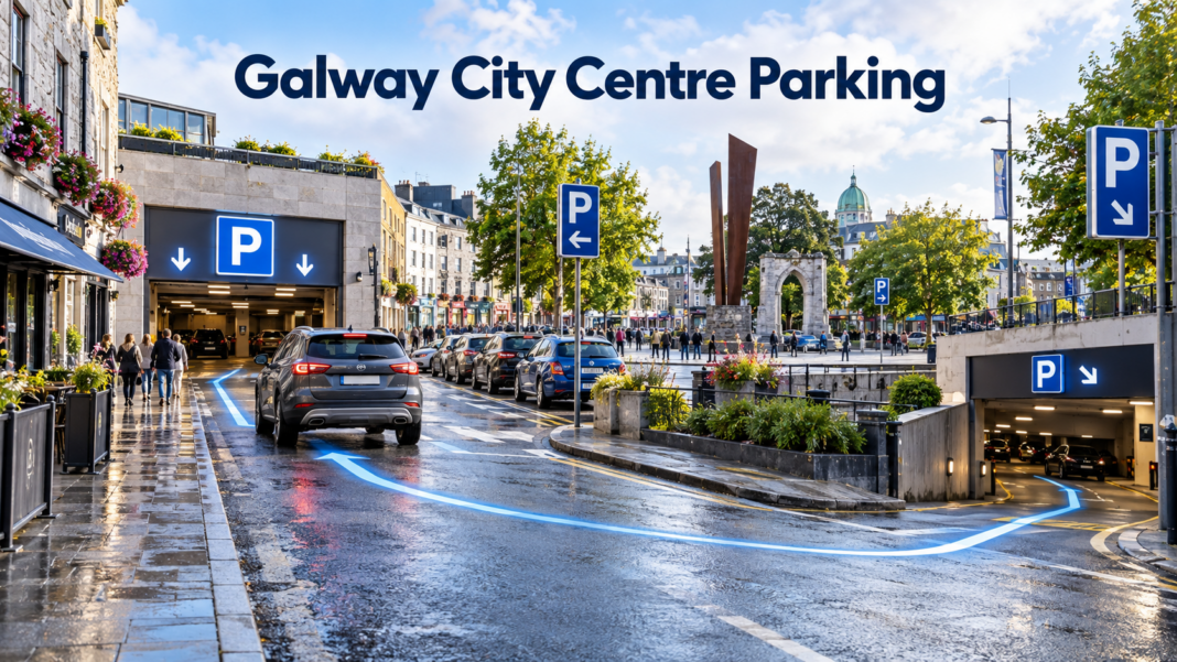 Galway City Centre parking guide with cars and map marker