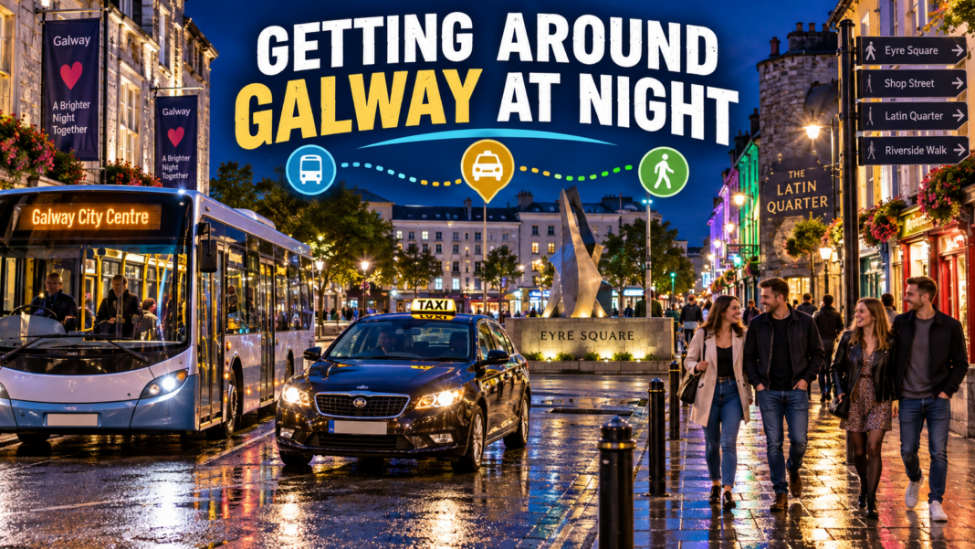 Getting Around Galway at Night: Buses, Taxis and Safety Night bus, taxi and pedestrians in Galway city centre