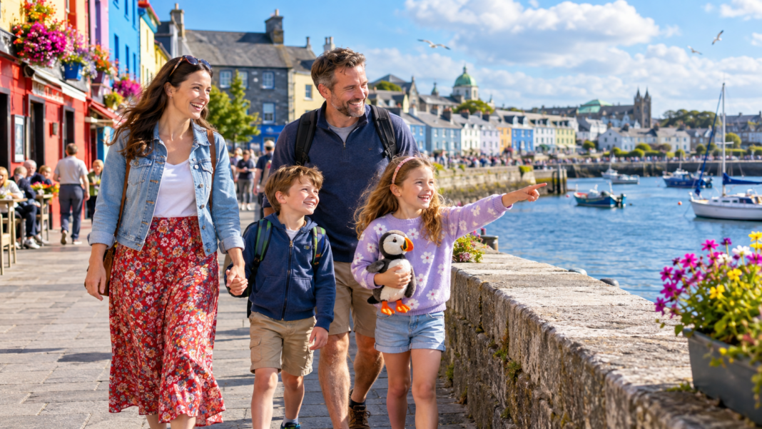 Galway with Kids: A Family-Friendly One-Day Itinerary Family with children enjoying a bright day beside Galway’s colourful waterfront