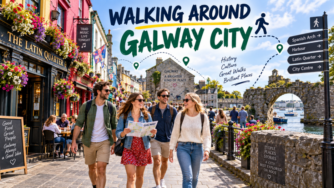 Walking Around Galway City: A Practical Visitor Guide Visitors walking through Galway City and the Latin Quarter