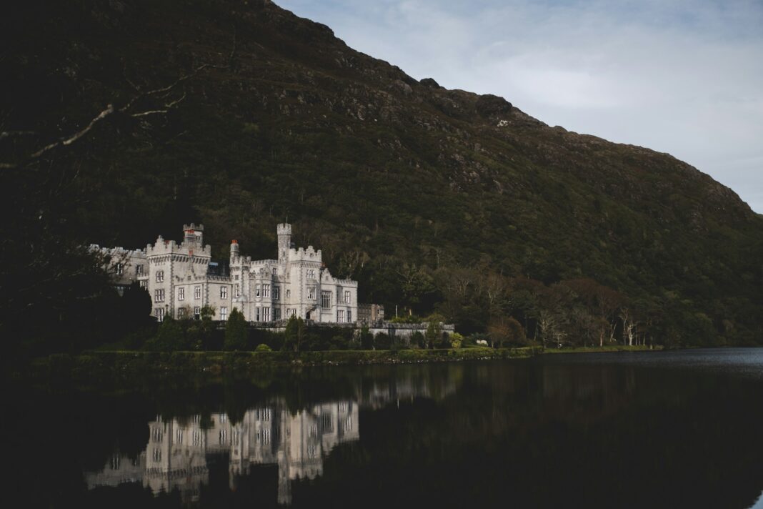 Kylemore Abbey beside a lake in Connemara, County Galway