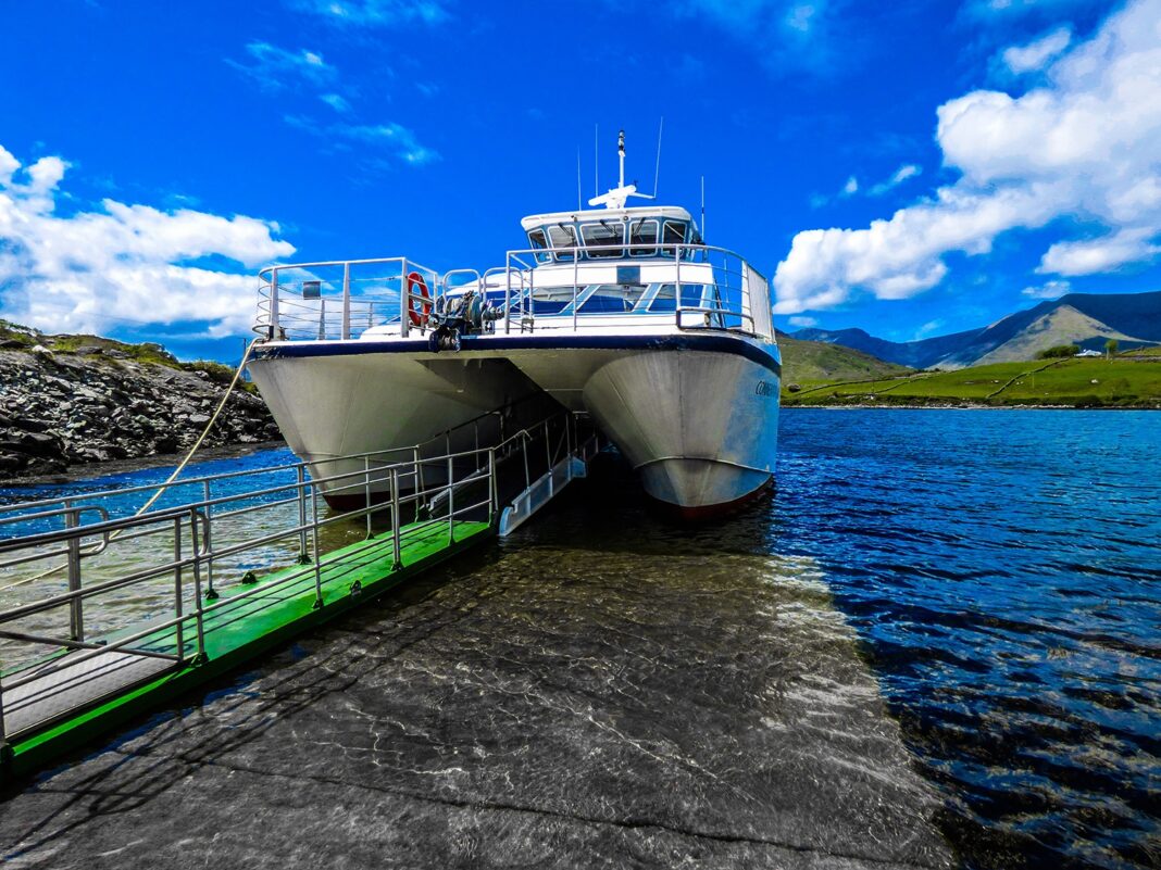Killary Fjord Cruise: A Connemara Boat Trip from Nancy’s Point The Connemara Lady catamaran moored at the Killary Fjord boarding pontoon