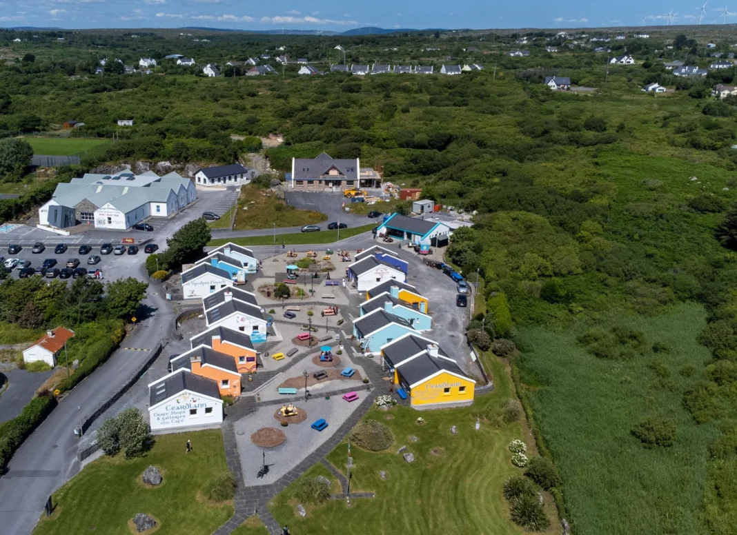 Aerial view of the colourful workshops and courtyard at Spiddal Craft Village